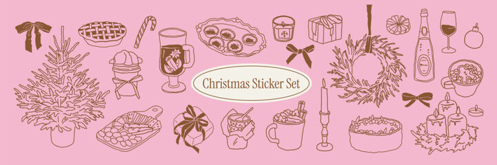 Set of festive dinner clipart. Whimsical Christmas Italian aesthetic. Hand drawn line art chalk doodles perfect for invites, postcards, stationery, menus in sketch style.