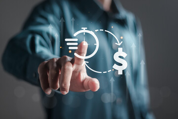 Financial concept, businessman touching clock and money icon on interface virtual for business time...