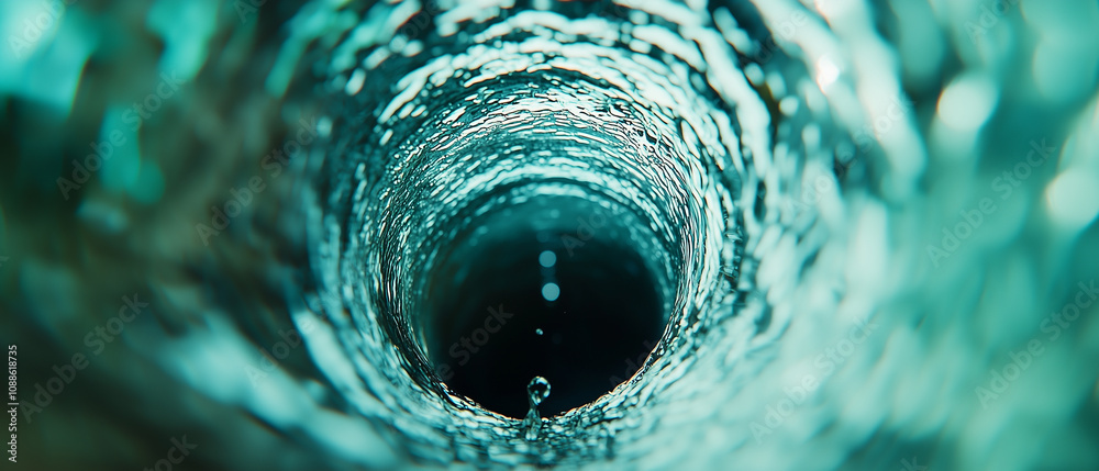 Poster mesmerizing view of water spiraling down drain, symbolizing controlled chaos of nature flow, with dr