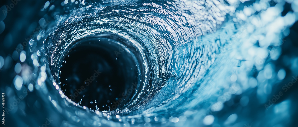 Poster mesmerizing spiral of water flows down drain, symbolizing controlled chaos and fluidity. dynamic motion and shimmering surface create captivating visual effect