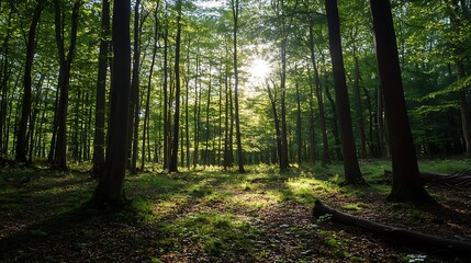 Obraz premium Sunbeams in a lush green forest. Nature, peace, tranquility concept.