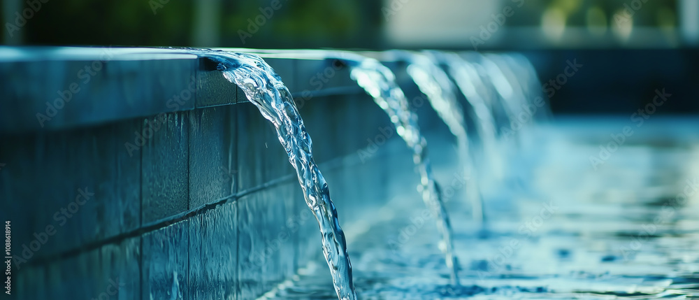 Poster cascading fountain with water flowing in controlled streams creates serene atmosphere