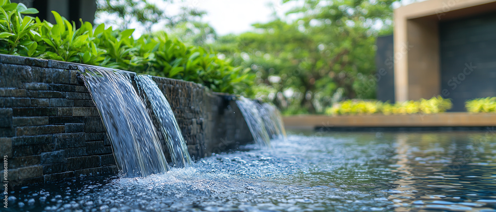 Poster cascading fountain with water flowing in controlled manner, surrounded by lush greenery, creates ser