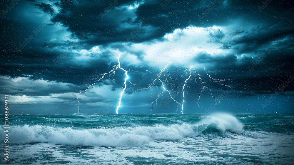 Poster dramatic image of lightning storm over ocean captures power and beauty of nature with dark clouds an