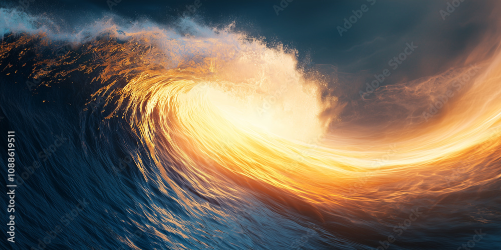 Poster tidal wave crashing against shore at sunrise, golden light illuminating crest of wave, creating dram