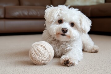 Bichon Frise with a Ball of Yarn