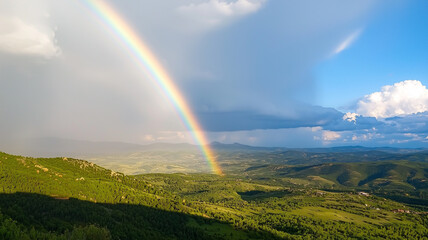 vibrant rainbow arches over lush rural landscape, casting serene glow after rainstorm, with expansive green fields and distant mountains under bright blue sky
