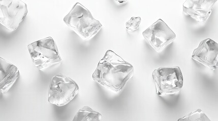 Ice cubes sit perfectly spaced out on a blank white background.