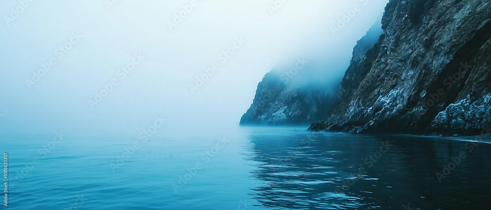Poster serene coastal scene with dense fog enveloping rocky cliffs and calm waters, creating tranquil and mysterious atmosphere