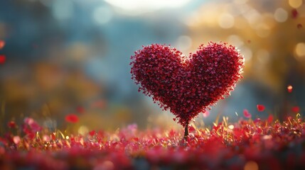 Fototapeta premium A vibrant heart-shaped tree made of flowers, symbolizing love and joy in a magical landscape filled with colorful blooms.