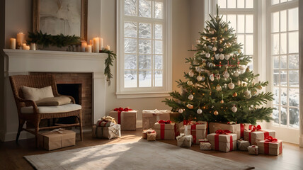 christmas tree with gifts and presents, ai generated