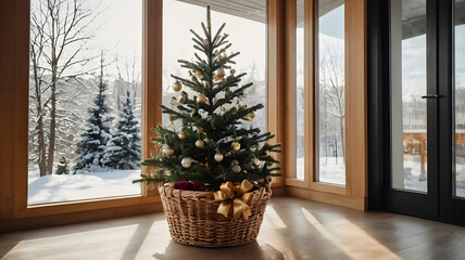 Fototapeta premium christmas tree in front of window, ai generated