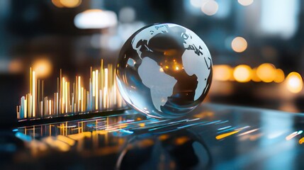 Glass globe on digital display showing global data and market trends.
