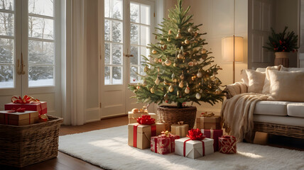 christmas tree with gifts, ai generated