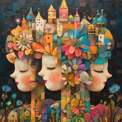 A whimsical artwork featuring three female faces adorned with vibrant flowers and colorful buildings, embodying creativity and nature.