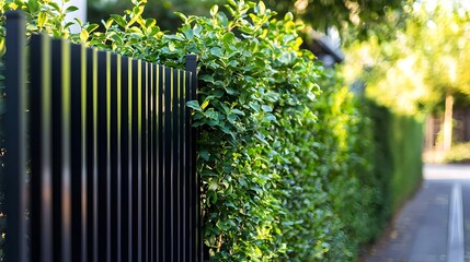 Stylish black fence with integrated natural greenery