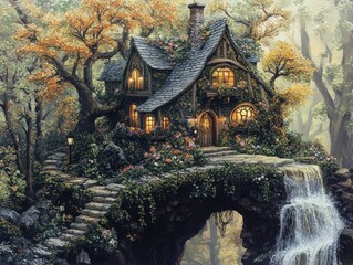Obraz premium A whimsical cottage surrounded by vibrant trees, cascading water, and enchanting flowers, perfect for fairy tale settings.