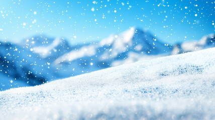 heavy snowfall blankets serene mountain landscape under clear blue sky, creating peaceful winter scene