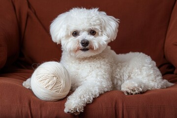 Bichon Frise with a Ball of Yarn