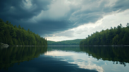 Fototapeta premium serene lake reflects dramatic storm clouds moving in, surrounded by lush green forests under moody sky, creating tranquil yet ominous atmosphere
