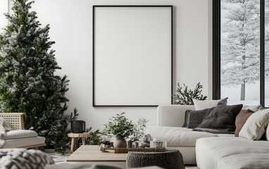 Mockup of a blank poster in a cozy winter living room with a Christmas tree and snow view.