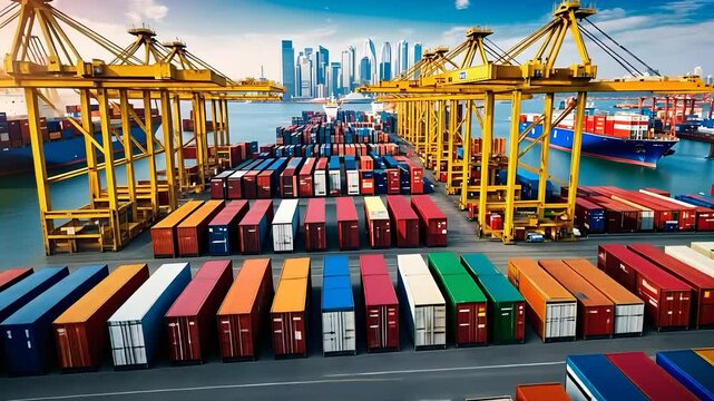 Shipping Containers and Cranes at Busy Port Terminal

