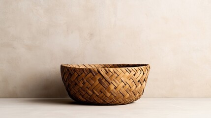 Natural wicker basket with intricate weaving pattern on a neutral background with soft lighting and shadows
