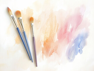 Three paintbrushes on watercolor background with soft pastel hues - Powered by Adobe