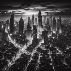City at Night A black and white photograph of a cityscape at nig