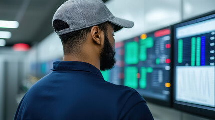 Man in cap monitors data on multiple screens in control room, focusing on technology and analysis