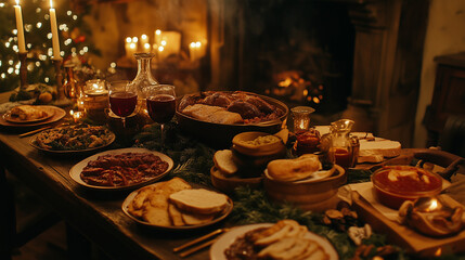 Naklejka premium Rustic Holiday Feast with Candlelight, Roasted Meats, Bread, and Wine on a Warmly Decorated Table
