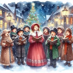 Fototapeta premium Christmas Children Carolling in the Snow - Watercolor Winter and Christmas Setting - Greeting Card - Traditional Dickens Style Nostalgic Victorian Painted Illustration - Children Singing Christmas Eve
