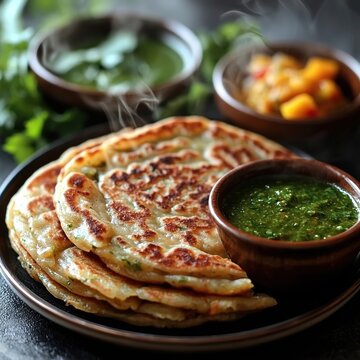 layered paratha with chutney and pickle indian food