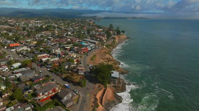 Santa Cruz Pleasure Point Park Privates Beach Opal Cliffs California aerial drone surfer surfing surf waves Steamers Lane Cliff Drive walk Capitola neighborhood Monterey Bay morning sunny static shot