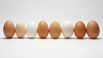 On a stark white background, a group of chicken eggs is arranged in a neat row.