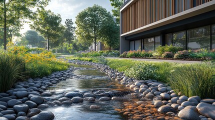 Serene landscape with a stream and modern architecture.