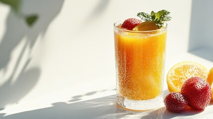 On a transparent white background, a glass of freshly made fruit juice glistens, its vivid color catching the light