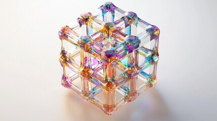 Vibrant Cubic Lattice Structure of a Cuprate Superconductor with Glassy Neon Colored Atoms on White Background
