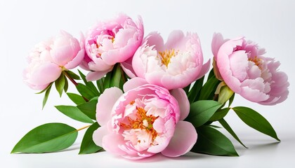 Elegant pink peonies with lush green leaves on white background