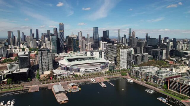 Melbourne, Australia. City skyline of CBD and Docklands area, 4K drone shot.