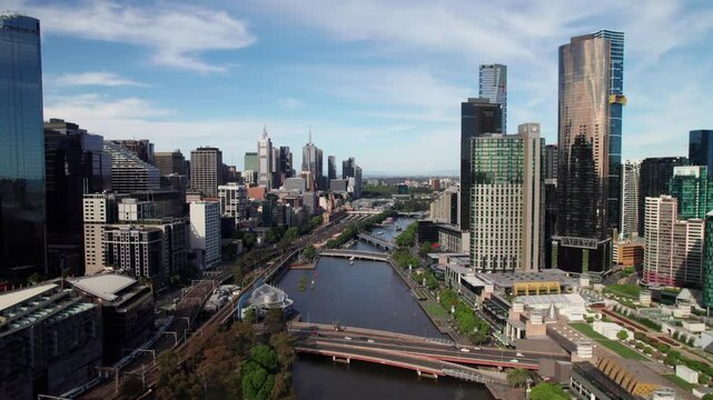 Panoramic Aerial of Southbank Skyline, Melbourne, 4K