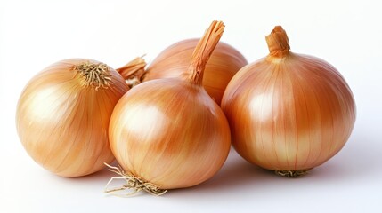 Onions, with their glossy, brown skins, are placed on a clean white background.