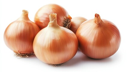 Fototapeta premium Onions, with their glossy, brown skins, are placed on a clean white background.