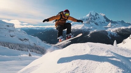 Snowboarder In Action, Jumping Over Mountain Peak With Scenic Mountain View In Background