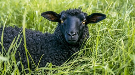 Fototapeta premium Black Sheep in a Lush Green Field - Closeup Portrait