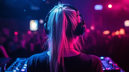 Fototapeta premium A female DJ captivates the crowd with her energetic set at a bustling nightclub, surrounded by colorful lights and an enthusiastic audience enjoying the music