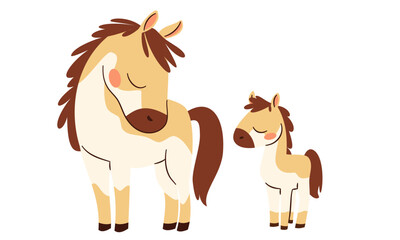 A set of flat vector illustrations in children's style. Cute horse and her baby foal. Farm animals and their cubs. Vector illustration