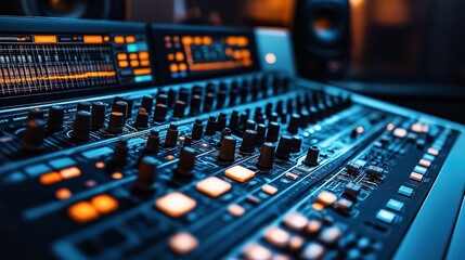 Naklejka premium Close-up view of an audio mixing console with illuminated LED lights and various knobs in a recording studio setting, emphasizing technology and sound engineering.