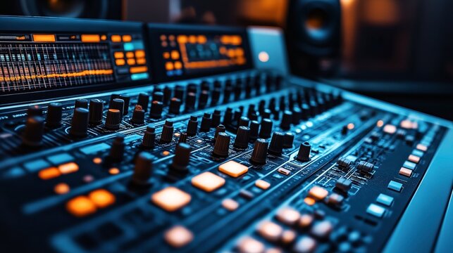 Close-up view of an audio mixing console with illuminated LED lights and various knobs in a recording studio setting, emphasizing technology and sound engineering.