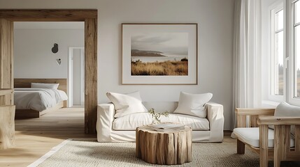 Minimalist living room with wooden accents, neutral colors, and large artwork.